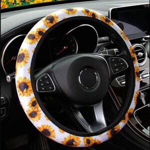Sunflower White Floral Neoprene Steering Wheel Cover